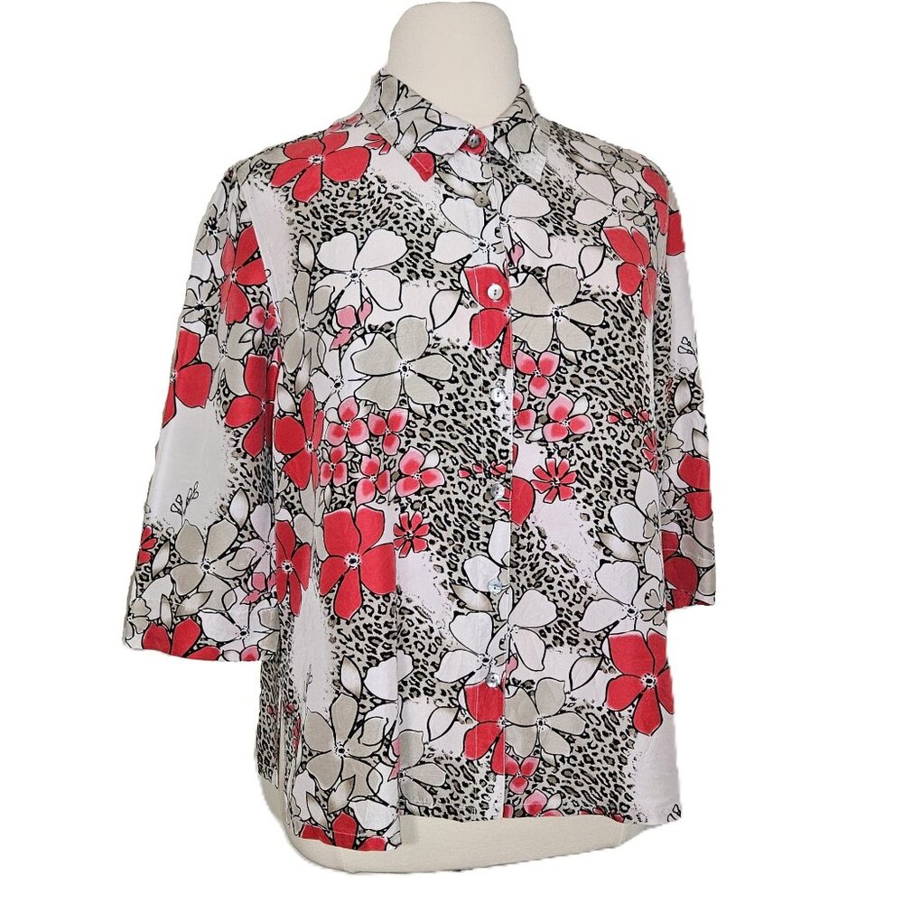 French Laundry 100% Silk Red~ Leopard Floral Career Blouse LADIES XL